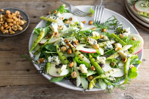 Grilled Leek & Blue Cheese Salad with Apples, Celery & Hazelnuts